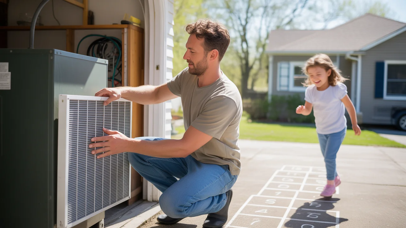 Man replacing HVAC air filter in garage while daughter plays hopscotch outside