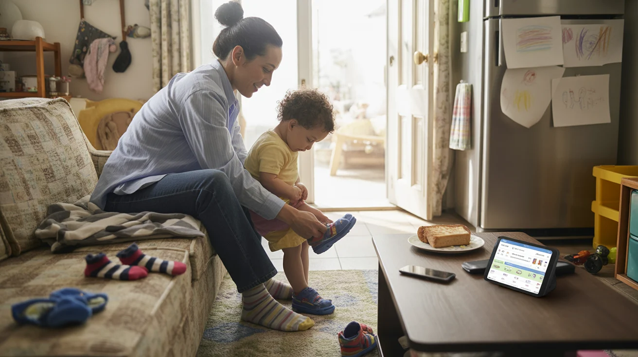 Parent helping child tie shoes in living room, budgeting app on table