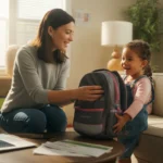 Mother helping daughter pack for school in living room of League City apartment