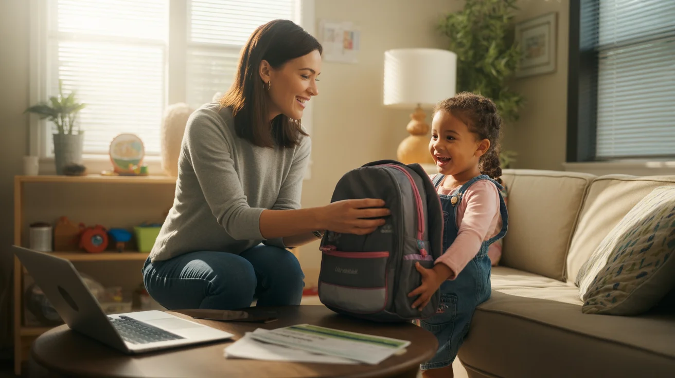 Mother helping daughter pack for school in living room of League City apartment