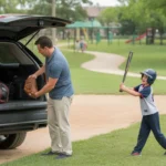 Father loading sports equipment into car with son practicing baseball in Plano park