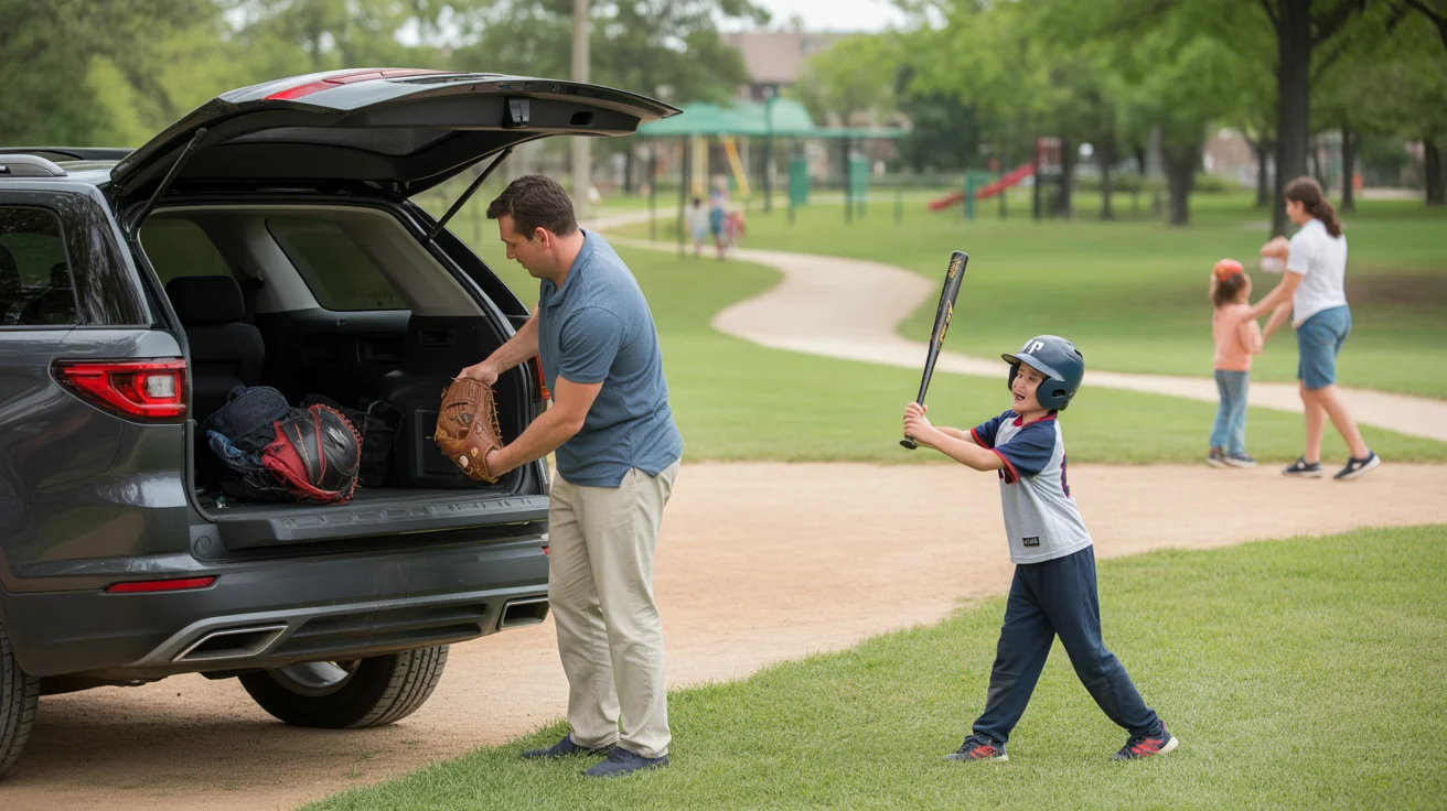 Father loading sports equipment into car with son practicing baseball in Plano park
