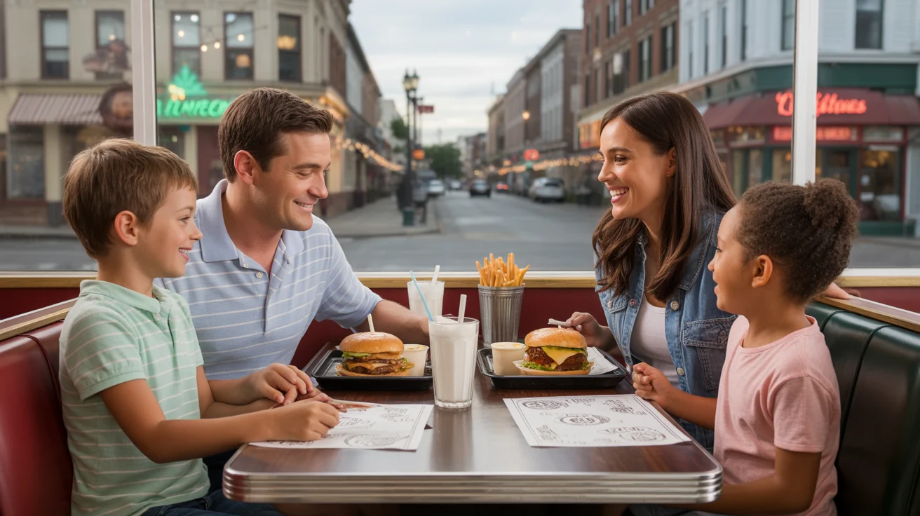 A family of four enjoys a casual dinner together at a cozy diner in Naperville, IL