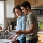 Young couple reviewing budget or expenses in modern Pflugerville apartment kitchen