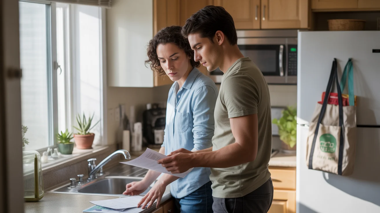 Young couple reviewing budget or expenses in modern Pflugerville apartment kitchen