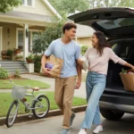 Couple unloading groceries in driveway of craftsman home in Smyrna, Georgia