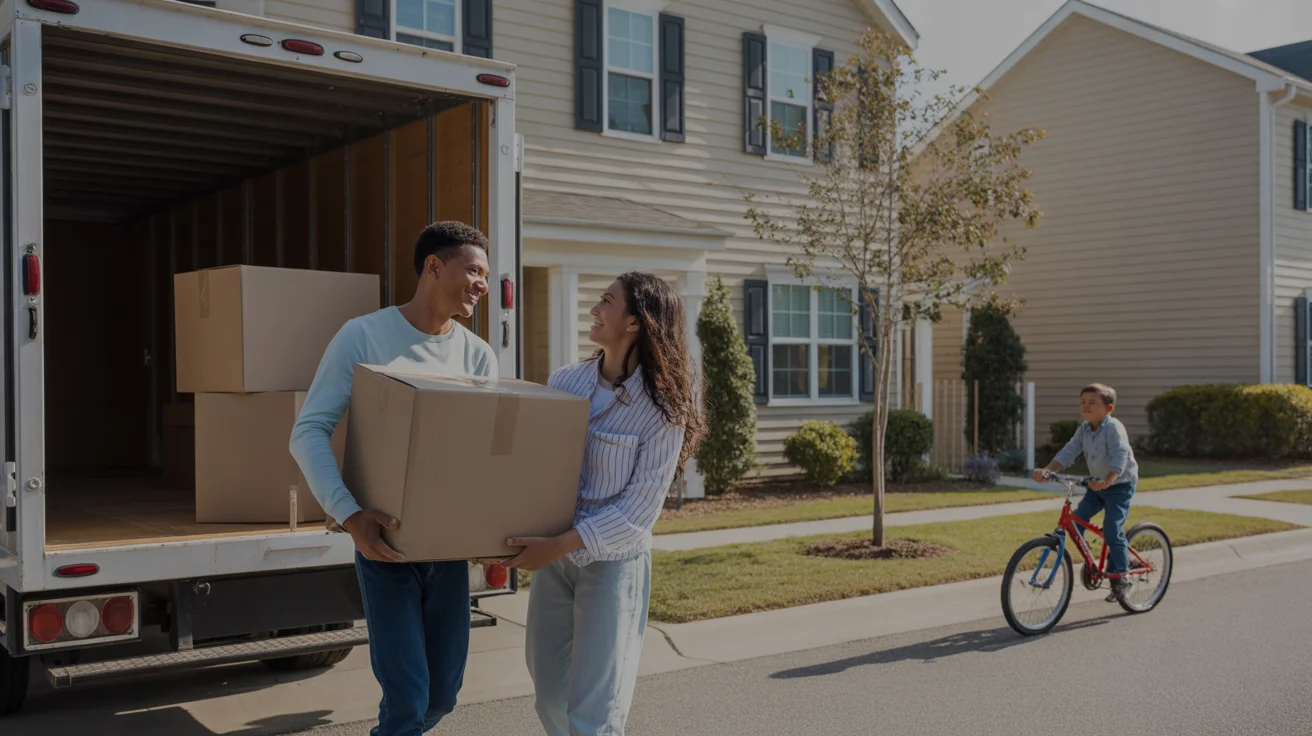 Couple unloading moving boxes from truck in front of their new condo in Douglasville, Georgia