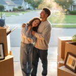 Young couple taking a break from unpacking moving boxes in their new house garage