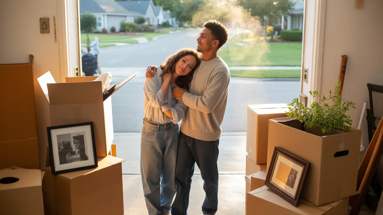 Young couple taking a break from unpacking moving boxes in their new house garage
