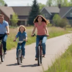 A family enjoys a relaxing bike ride together on a community trail in Broomfield, Colorado