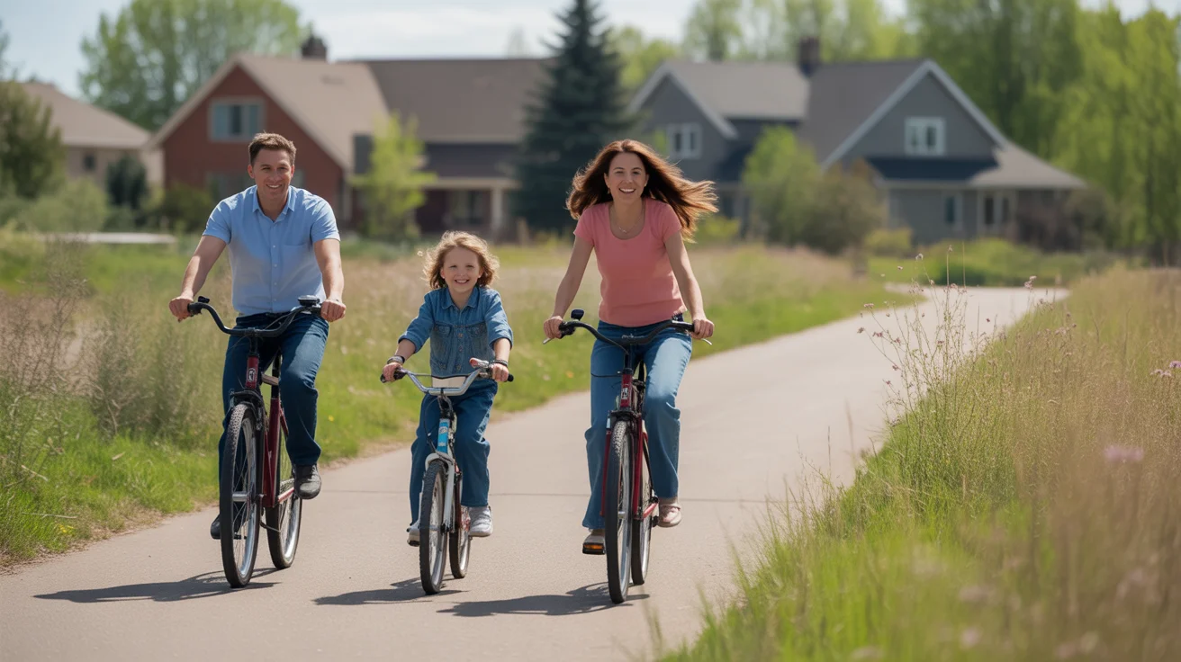 A family enjoys a relaxing bike ride together on a community trail in Broomfield, Colorado