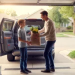 Father and son unloading groceries from SUV into garage of suburban home in Arvada, Colorado