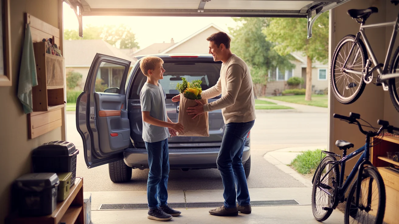 Father and son unloading groceries from SUV into garage of suburban home in Arvada, Colorado