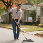 Man sweeping driveway of duplex home for sale in Chapel Hill neighborhood on sunny fall day