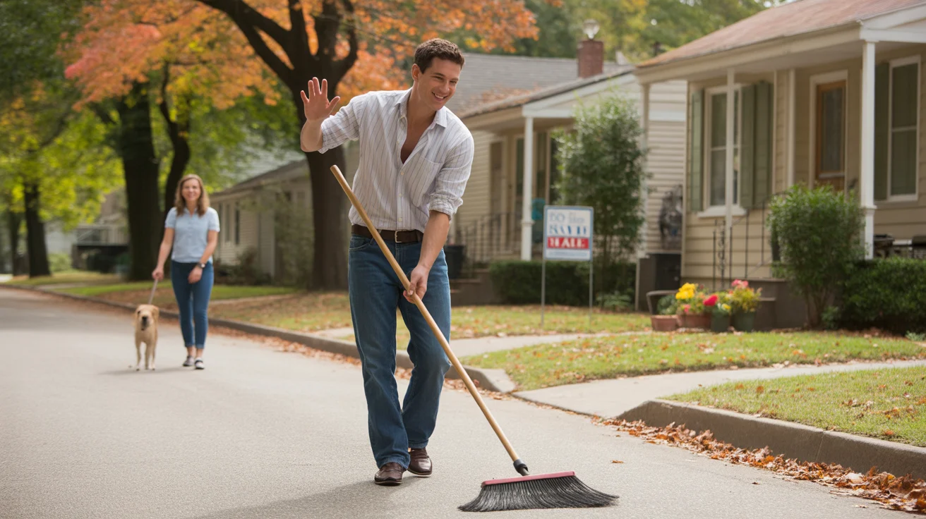 Man sweeping driveway of duplex home for sale in Chapel Hill neighborhood on sunny fall day