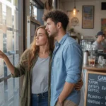 A couple looks at apartment rental listings posted in a Santa Ana coffee shop window