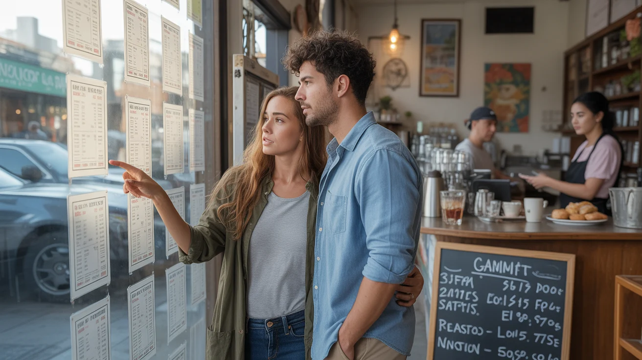 A couple looks at apartment rental listings posted in a Santa Ana coffee shop window