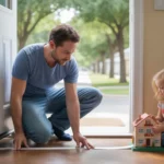 Man installing weather stripping around front door of Frisco home while daughter plays nearby