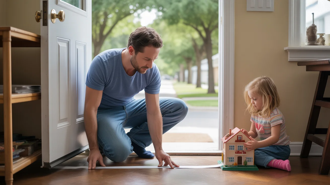 Man installing weather stripping around front door of Frisco home while daughter plays nearby