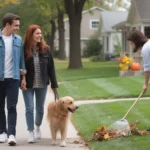 Couple walking dog in Bolingbrook neighborhood with townhouses and single family homes