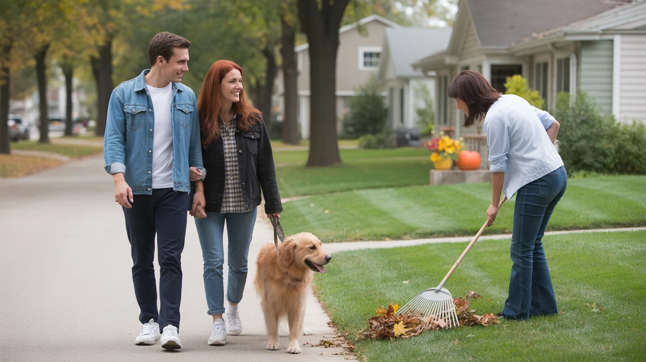 Couple walking dog in Bolingbrook neighborhood with townhouses and single family homes