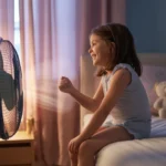 Young girl sitting on bed smiling at breeze from box fan in bedroom