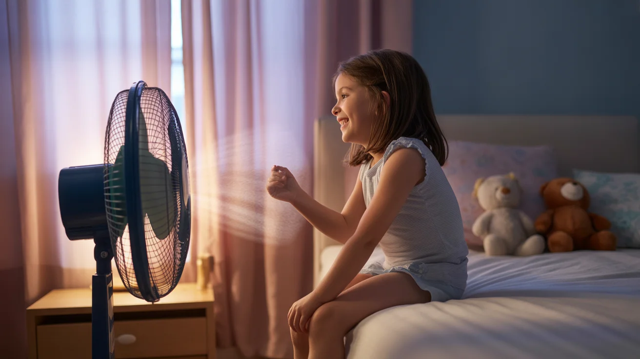 Young girl sitting on bed smiling at breeze from box fan in bedroom
