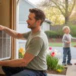 Man changing home air filter in garage on spring day in Raleigh, NC