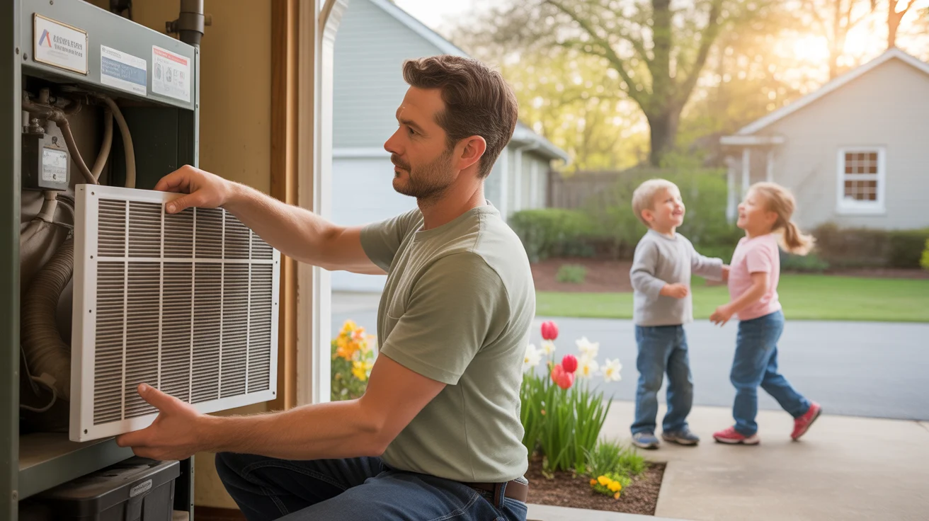Man changing home air filter in garage on spring day in Raleigh, NC