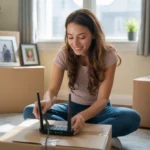 Woman setting up Wi-Fi router in new Alpharetta apartment, surrounded by moving boxes and framed photos.