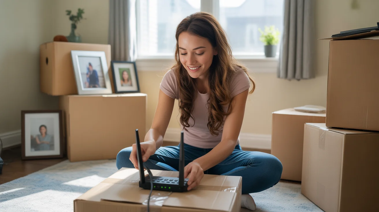 Woman setting up Wi-Fi router in new Alpharetta apartment, surrounded by moving boxes and framed photos.