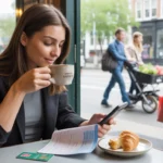 Woman reviewing monthly budget on phone while drinking coffee in Wheaton cafe