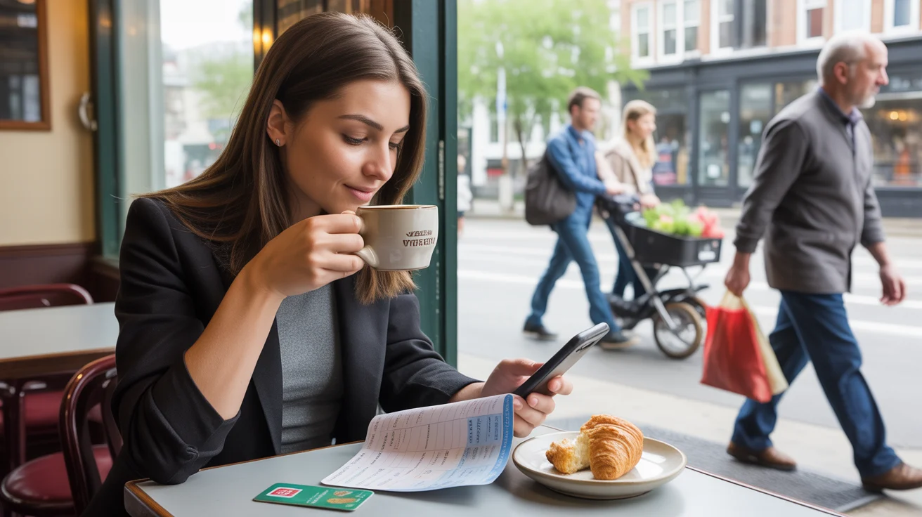Woman reviewing monthly budget on phone while drinking coffee in Wheaton cafe
