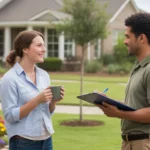 Homeowner discussing lawn care with landscaper outside Frisco home