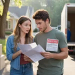 Couple reviewing paperwork with parking ticket outside new Stonecrest home