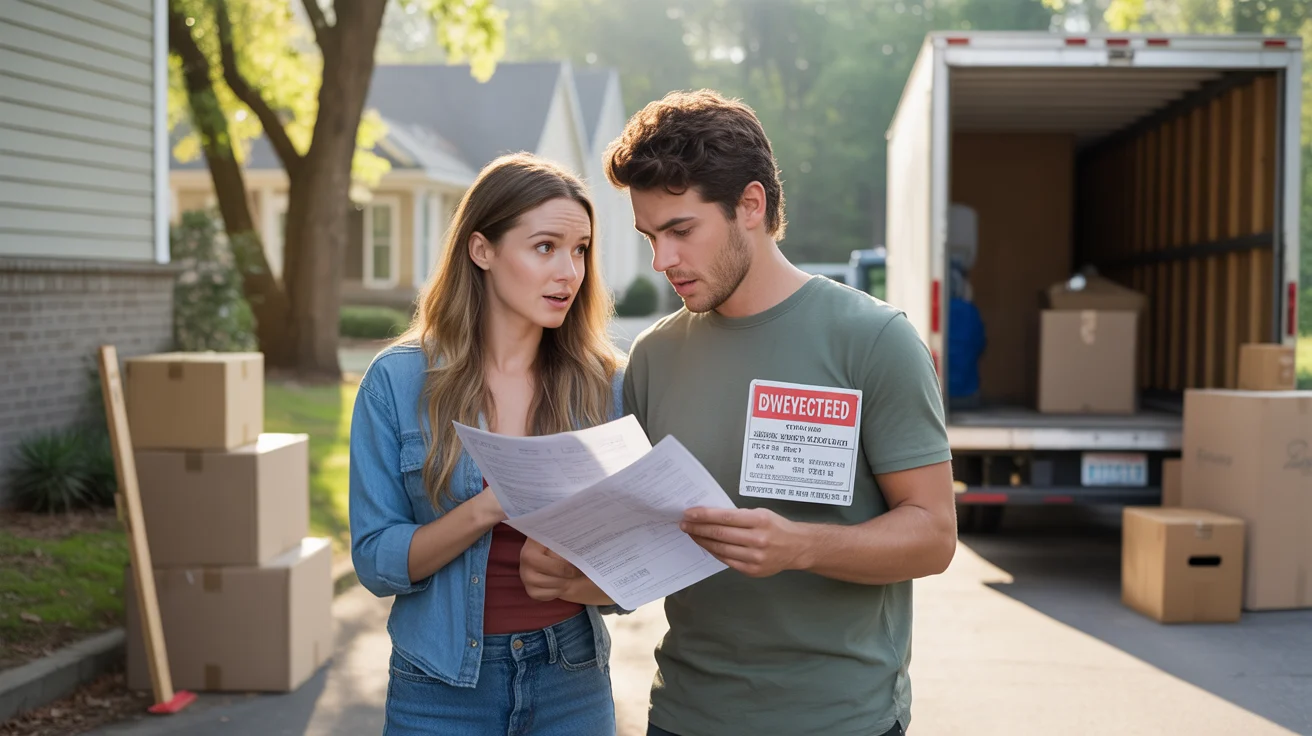 Couple reviewing paperwork with parking ticket outside new Stonecrest home