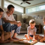Family relaxing together in cool basement living room on hot summer day