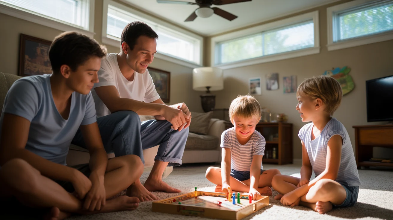 Family relaxing together in cool basement living room on hot summer day