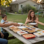 Family eating takeout dinner at picnic table in backyard