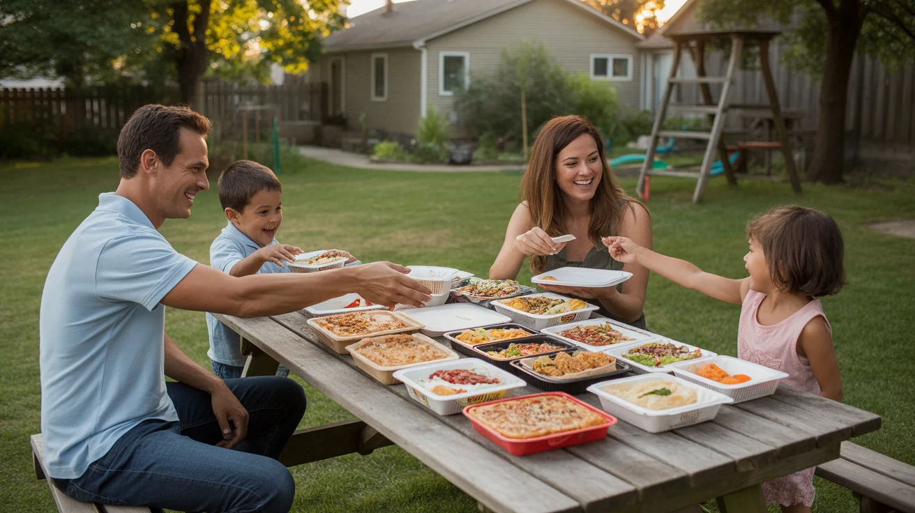 Family eating takeout dinner at picnic table in backyard