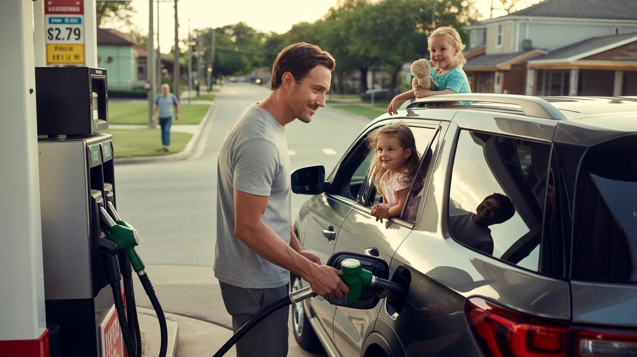 Father pumping gas in SUV at a Round Rock, TX gas station at sunset, with daughter in car seat