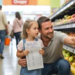 Father teaching daughter how to compare grocery unit prices in store