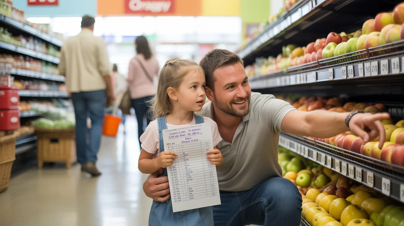 Father teaching daughter how to compare grocery unit prices in store