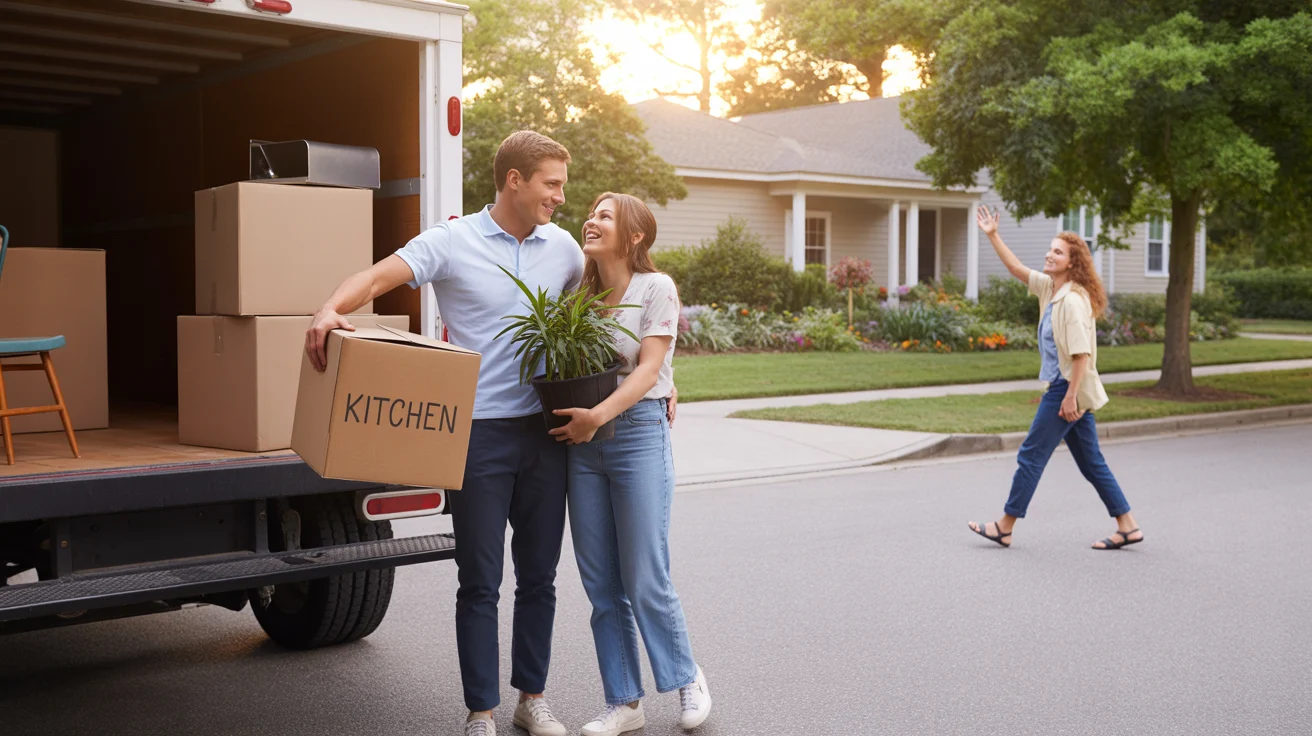 A couple moves into their new home in Cary, NC at sunset.