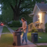 Woman taking out trash at her house in Durham, NC at dusk