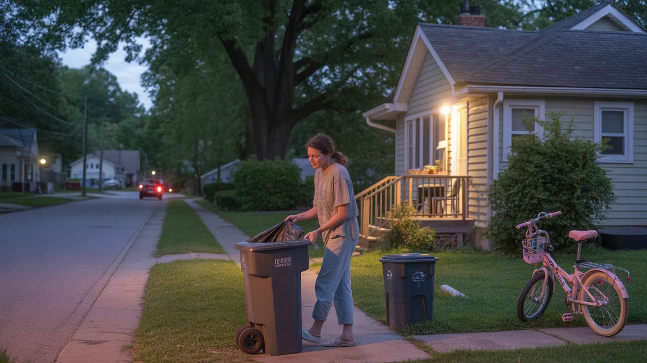 Woman taking out trash at her house in Durham, NC at dusk
