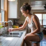 Woman in tank top and shorts stepping onto tile floor in sunny kitchen