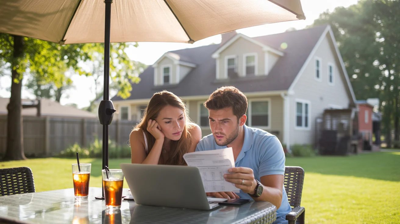 Couple reviewing high summer electric bill on laptop under backyard umbrella