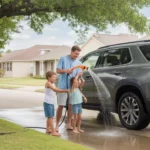 Father and kids washing car in driveway of Pasadena TX home on summer afternoon