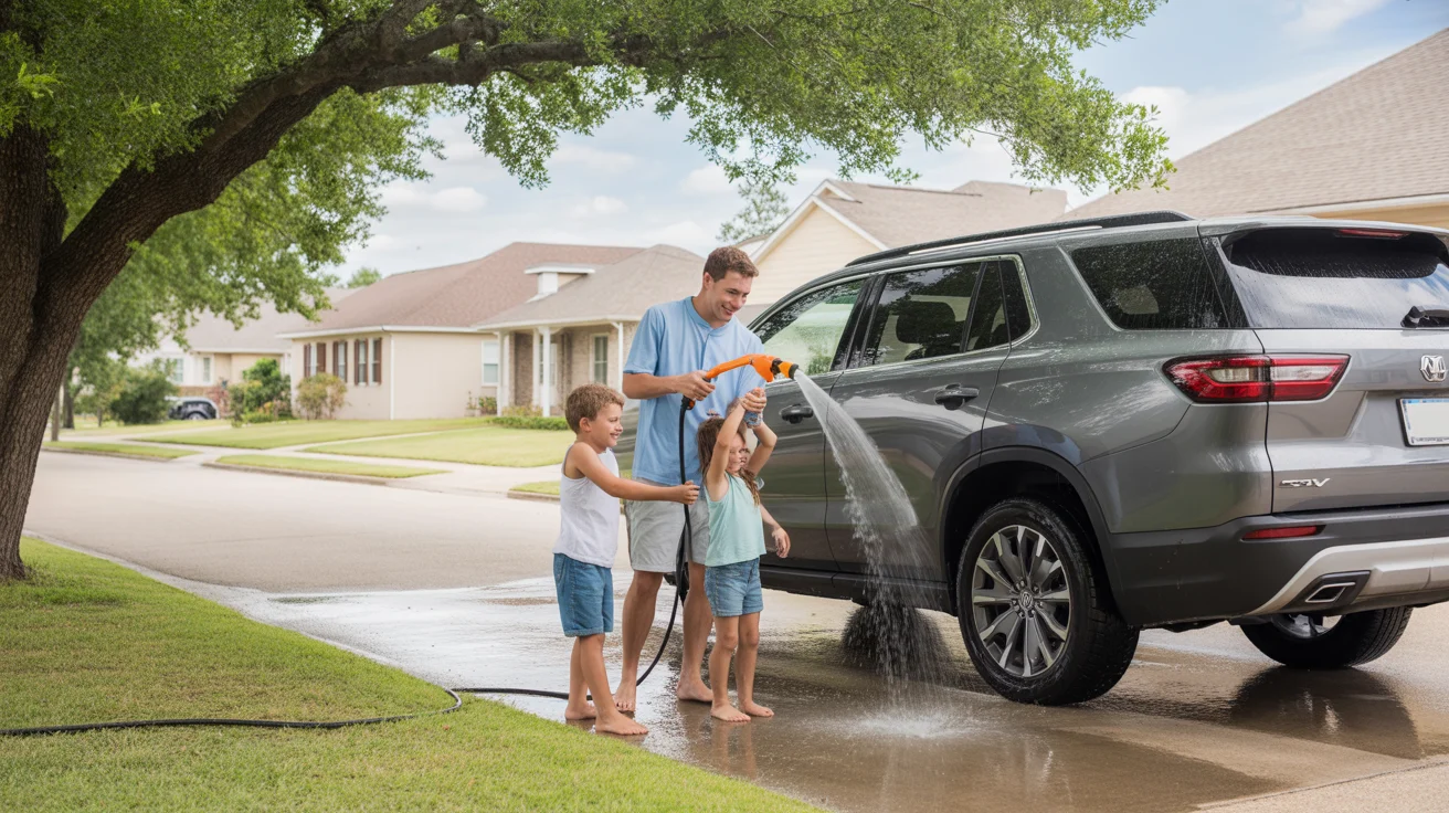 Father and kids washing car in driveway of Pasadena TX home on summer afternoon
